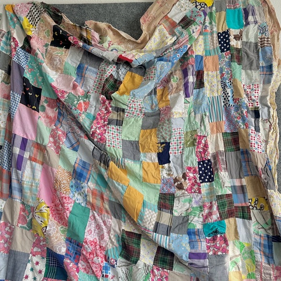 Antique hand stitched patchwork quilt topper 64x100 scrap 1930s